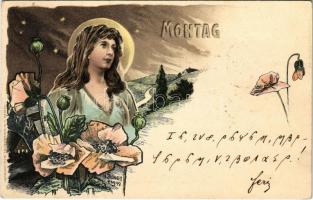 1900 Montag / Monday. Lady art postcard. Verlag v. M. Kimmelstiel & Co. Art Nouveau, litho s: H. Fründt + titkosírás / cryptography