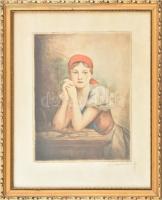 Csóka Imre (?-?): Lány piros kendőben. Színezett rézkarc, papír, jelzett, üvegezett fakeretben, 31,5×23 cm