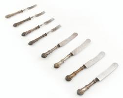 Ezüst(Ag) nyelű kés és villa, készletben, 2×4 db, h: 26 cm