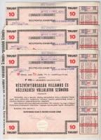 Budapest 1946. Részvénytársaság Villamos és Közlekedési Vállalatok Számára részvényelismervény tíz darab, egyenként 100P értékű részvényről, szárazpecséttel és bélyegzésekkel, szelvényekkel (3x) sorszámkövetők, bélyegzésekkel T:II