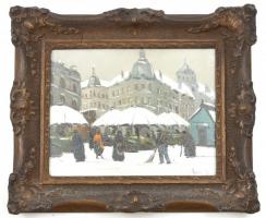 Czakó Rezső (működött a 20. sz. első felében): Havas piac. Olaj, karton, jelzett, 21,5×26,5 cm. Dekoratív, üvegezett fakeretben