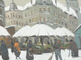 Czakó Rezső (működött a 20. sz. első felében): Havas piac. Olaj, karton, jelzett, 21,5×26,5 cm. Deko...