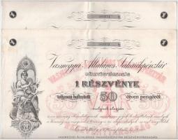 Szombathely 1926. Vasmegyei Általános Takarékpénztár Részvénytársaság részvénye 50P-ről néhány szelvénnyel, szárazpecséttel (2x) sorszámkövetők T:II- széleken szakadások