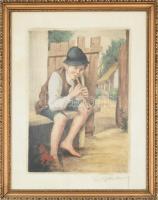 Csóka Imre (?-?): Furulyázó fiú, 1930. Színezett rézkarc, papír, jelzett, üvegezett fakeretben, 31,5×22 cm