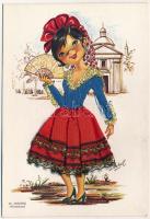 29 Madrid Goyescas / Spanish folklore - modern silk and textile card / Spanyol táncos - Modern textil képeslap s: Isabel