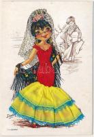 11 Espana / Spanish folklore - modern silk and textile card / Spanyol táncos - Modern textil képeslap s: Isabel
