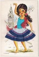 10 Andaluzia / Spanish folklore - modern silk and textile card / Spanyol táncos - Modern textil képeslap s: Isabel