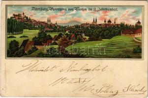 1902 Nürnberg, Nuremberg; Panorama von Westen im 17. Jahrhunder / in the 17th century. litho (EB)