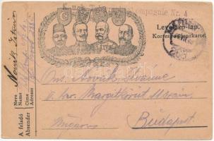 1918 Tábori Postai Levelezőlap a Központi hatalmak katonai vezéreivel / WWI Austro-Hungarian K.u.K. military field postcard, Viribus Unitis propaganda with Central Powers leaders. Franz Joseph I of Austria, Wilhelm II, Ferdinand I of Bulgaria, Mehmed V + K.u.K. Telegraphenkompagnie Nr. 4. (lyuk / pinhole)