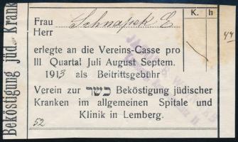 1913 Lemberg, zsidó kórház díj nyugta / Lemberg Jewish hospital receipt