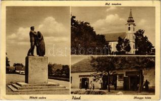 1935 Pánd (Monor), Református templom, Hősök szobra, Hangya üzlete és saját kiadása (EK)