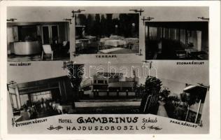 1949 Hajdúszoboszló, Hotel Gambrinus szálloda és étterem, hall részlet, terasz, szoba részlet, belsők, park