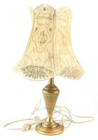 Asztali lámpa. Réz és fa test, festett pergamen burával. 63 cm