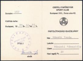 1984 Bp., Csepeli Papírgyár pártolótagsági igazolvány