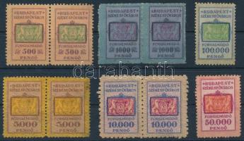 1944-1945 Budapest Székesfőváros 10 db inflációs forgalmiadó bélyeg, közte 4 db pár