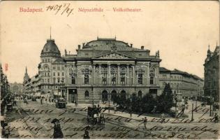 1907 Budapest VIII. Népszínház, villamosok, háttérben a Keleti pályaudvar. Taussig A. 8052. (EK)