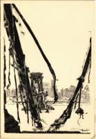 Budapest, Lánchíd romokban. Második világháború utáni romok. Felelős kiadó: Jánossy Árpád s: Pfannl Egon (EK)