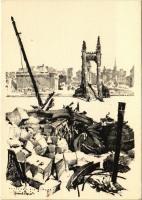 Budapest, a felrobbantott Erzsébet híd. Második világháború utáni romok. Felelős kiadó: Jánossy Árpád s: Pfannl Egon