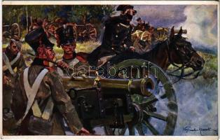 Artylerya w ogniu / Artillerie im Feuer / Polish military art postcard s: W. Kossak