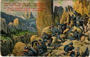 Oesterr.-ungar. Infanterie und Gebirgsartillerie weist einen Angriff der Italiener erfoglreich ab / Az olaszok támadását osztrák-magyar gyalogság és hegyi tüzérség sikeresen visszautasítja / WWI Austro-Hungarian K.u.K. military art postcard, battle in the mountains of Italy. L&P 1886. (Rb)