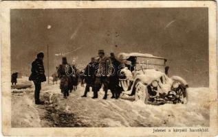 Jelenet a kárpáti harcokból télen. A Képes Újság karácsonyi ajándéka / WWI Austro-Hungarian K.u.K. military, scene from the Carpathians in winter, automobile (Rb)