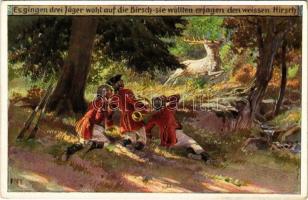 Es gingen drei Jäger wohl auf die Hirsch. Volksliederkarten von Paul Hey Nr. 25. / hunting art postcard s: Paul Hey