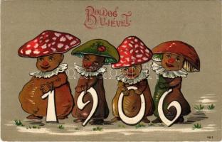 1906 Boldog Újévet! / New Year greeting art postcard with mushrooms. Emb. litho