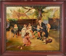 Ivánfalvy S. jelzéssel: Játszó gyerekek, 1909. Olaj, vászon. Kissé sérült. Dekoratív, sérült fakeretben. 55x68 cm