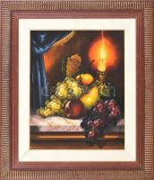 Czinege Zsolt (1964-): Gyümölcscsendélet. Olaj, farost, jelzett. Dekoratív fakeretben,40×32 cm