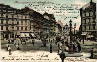 1906 Budapest VI. Oktogon tér, villamos, Sokulski, Ernyei Lajos, Kömlődi Jakab üzlete, cukrászda. Divald Károly 230. (EK)