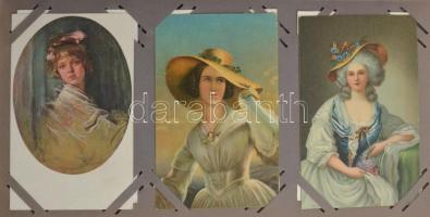 384 db RÉGI képeslap vegyes minőségben 4 albumban: művészlapok hölgyekkel, párokkal és gyerekekkel /...