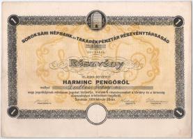 Soroksár 1931. Soroksári Népbank és Takarékpénztár Részvénytársaság részvénye 30P-ről, szelvényekkel T:III fo.