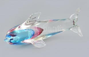 Üveg delfin figura, anyagában színezett 18 cm