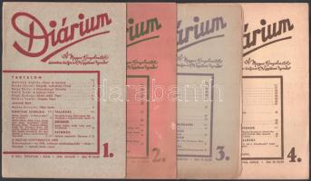 1944 Diárium V. évf. 1-4. sz., 1944. jan., feb., március, április. A 3. szám sérült, széteső állapotban.