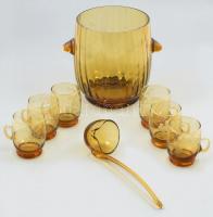 Borostyán sárga bólés üveg 6 db pohárral, kanállal Csiszolt, metszett, hibátlan d: 15 cm, m: 19 cm