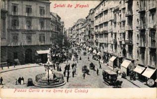 Napoli, Naples; Piazza Caritá e Via Roma (gia Toeldo) / street view, horse-drawn tram, hotel (EK)