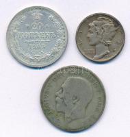 Vegyes: Orosz Birodalom 1905. 20k Ag + Amerikai Egyesült Államok 1943. 1D Ag "Mercury" + Nagy-Britannia 1922. 1Sh Ag "V. György" T:1--3 patina Mixed: Russian Empire 1905. 20 Kopeks Ag + USA 1943. 1 Dime Ag "Mercury" + Great Britain 1922. 1 Shilling Ag "George V" C:AU-F patina