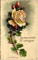 Szívélyes üdvözlet névnapjára / Name Day greeting art postcard with rose s: C. Klein (EB)