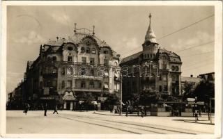 1942 Nagyvárad, Oradea; Sas palota, Hunnia nagyszálloda, Herskó József üzlete, Kiss kerékpárboltja, patika, Royal, Makrancos kisasszony reklám / hotel, palace, shops, pharmacy (EK)