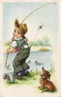 Child, dog, fishing