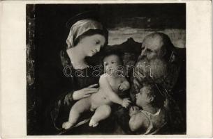 Budapest XIV. Szépművészeti Múzeum. Madonna a gyermekkel, Ker. Szt. Jánossal és egy szent püspökkel (Palma Vecchio 1480 k.-1528) (ragasztónyom / glue mark)