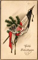 1915 Herzliche Weihnachtsgrüsse / Viribus Unitis karácsonyi üdvözlet, címer és zászló / Viribus Unitis propaganda, K.u.k. military Christmas greeting. litho