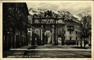 1933 Innsbruck, Triumpf Pforte mit Nordkette, Haltestelle der Strassenbahn / street, tram, shops (EK)