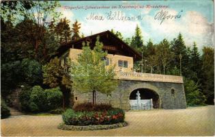 1910 Klagenfurt am Wörthersee, Schweizerhaus am Kreuzberge mit Kinkdenkmal / tourist house, hotel, statue