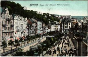 1907 Karlovy Vary, Karlsbad; Kreuz u. Sprudelgasse, Mühlbrunnenquai / streets, quay (EB)