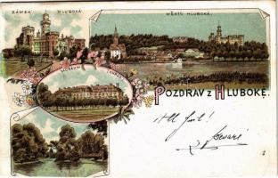 1897 (Vorläufer!) Hluboká nad Vltavou, Frauenberg; Zámek Hluboká, Mesto Hluboká, Museum (Ohrad) / castle, general view, museum. Art Nouveau, floral, litho (cut)