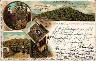 1898 (Vorläufer) Hukvaldy, Hochwald; Ruine, Burgtor / castle ruins, castle gate, deer. Art Nouveau, floral, litho (b)