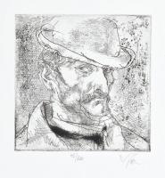 Szász Endre (1926-2003): Kalapos portré. Rézkarc, merített vízjeles papír, jelzett, számozott (45/100). 9,5×9,5 cm