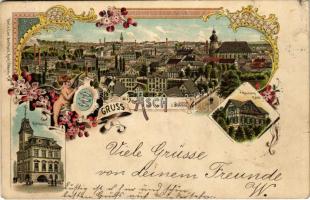 1898 (Vorläufer) As, Asch; Rathaus, Hainsberg Haus / general view, town hall. Verl. v. Carl Berthold Art Nouveau, floral, litho (EK)