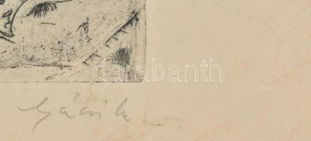 Gácsi Mihály (1926-1987): Vadászok. Rézkarc, papír, jelzett, kartonra kasírozva, foltos, 29×39 cm